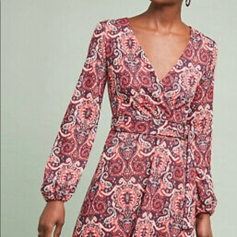 ANTHROPOLOGIE MAEVE PAISLEY SURPLICE LONG SLEEVE DRESS size xs